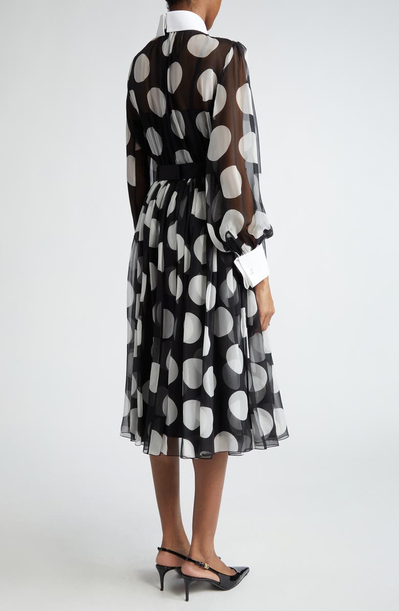 Dolce&Gabbana Polka Dot Long Sleeve Belted Chiffon Midi Dress, Alternate, color, Bianco Dot Nero