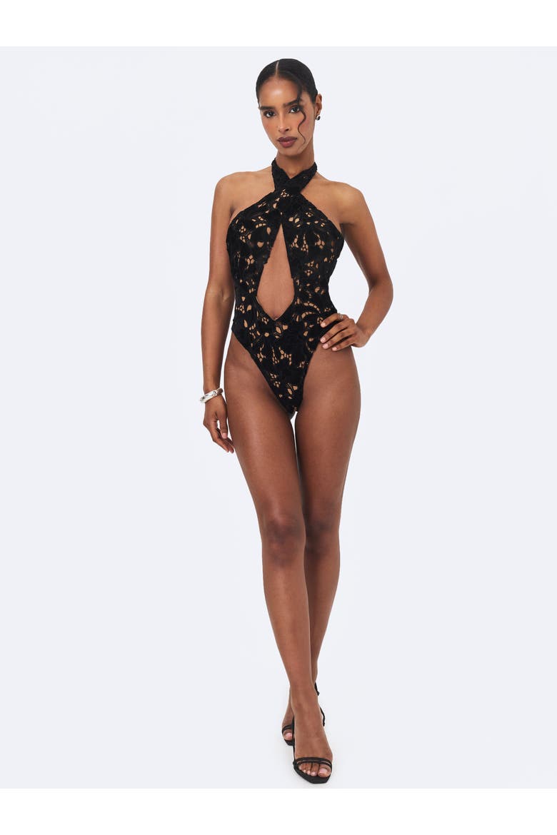 Breanna Velvet Lace Crossover Halter Swimsuit, Alternate, color, Black