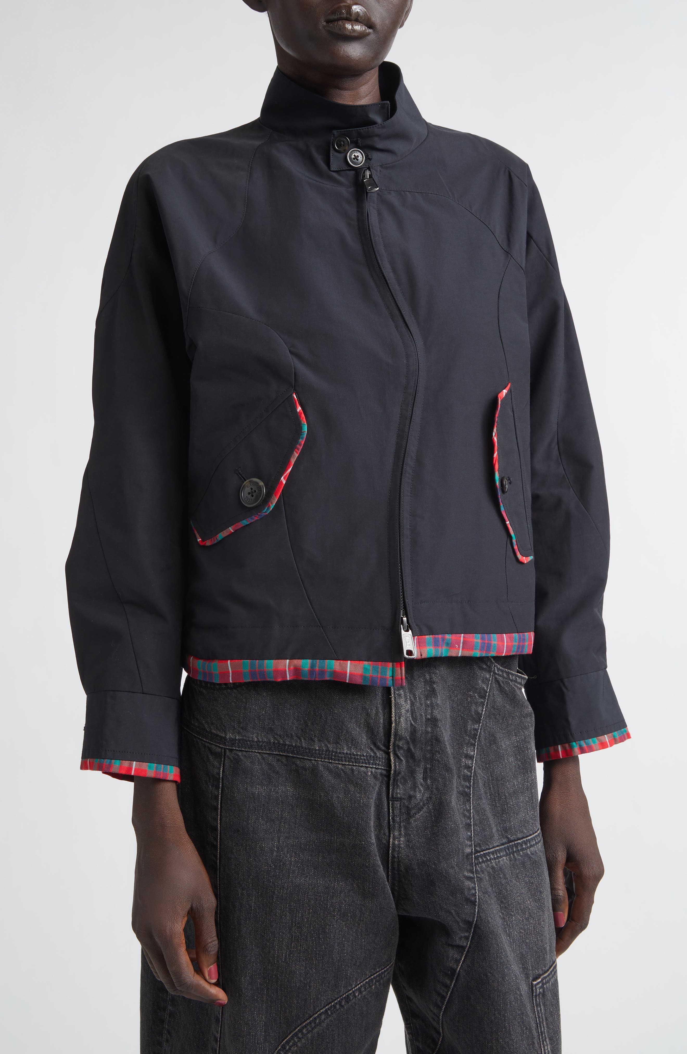 Tartan Trim Wavy Zip Jacket