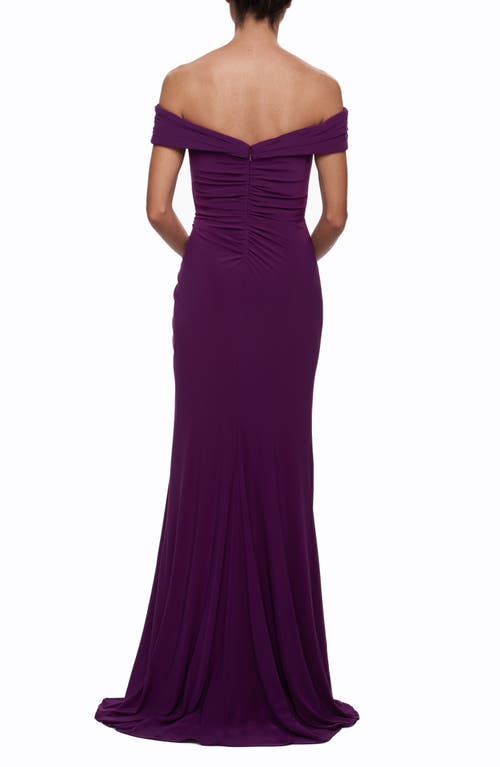 La Femme Off The Shoulder Fully Ruched Floor Length Gown In Purple