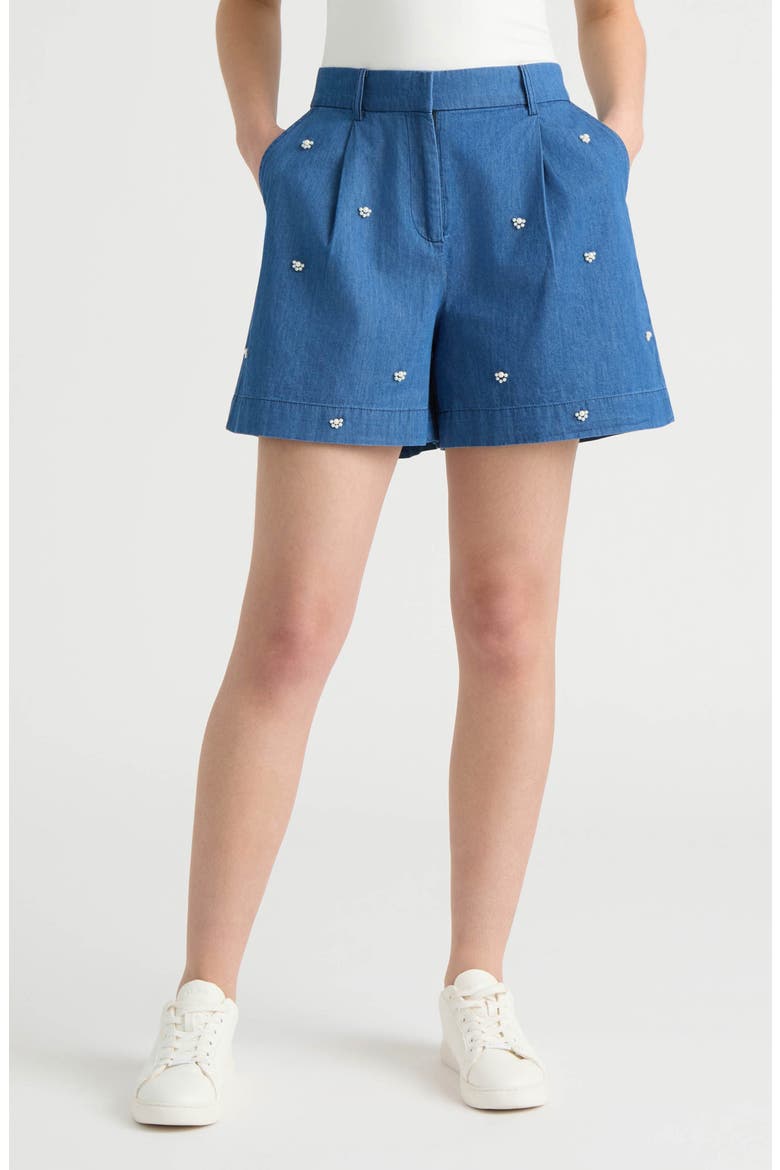 Faux Pearl Beaded Denim Shorts, Main, color, DENIM BLUE