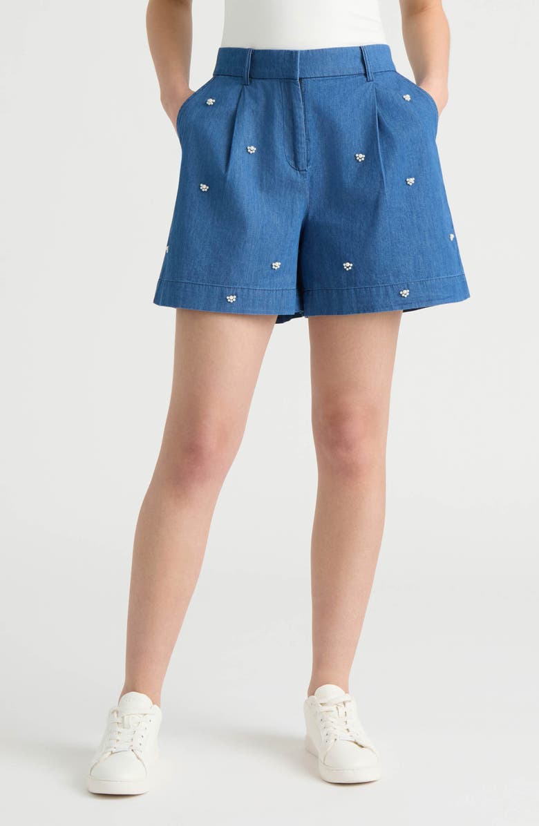 NVLT Faux Pearl Beaded Denim Shorts, Main, color, Denim Blue