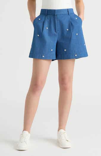 NVLT Faux Pearl Beaded Denim Shorts