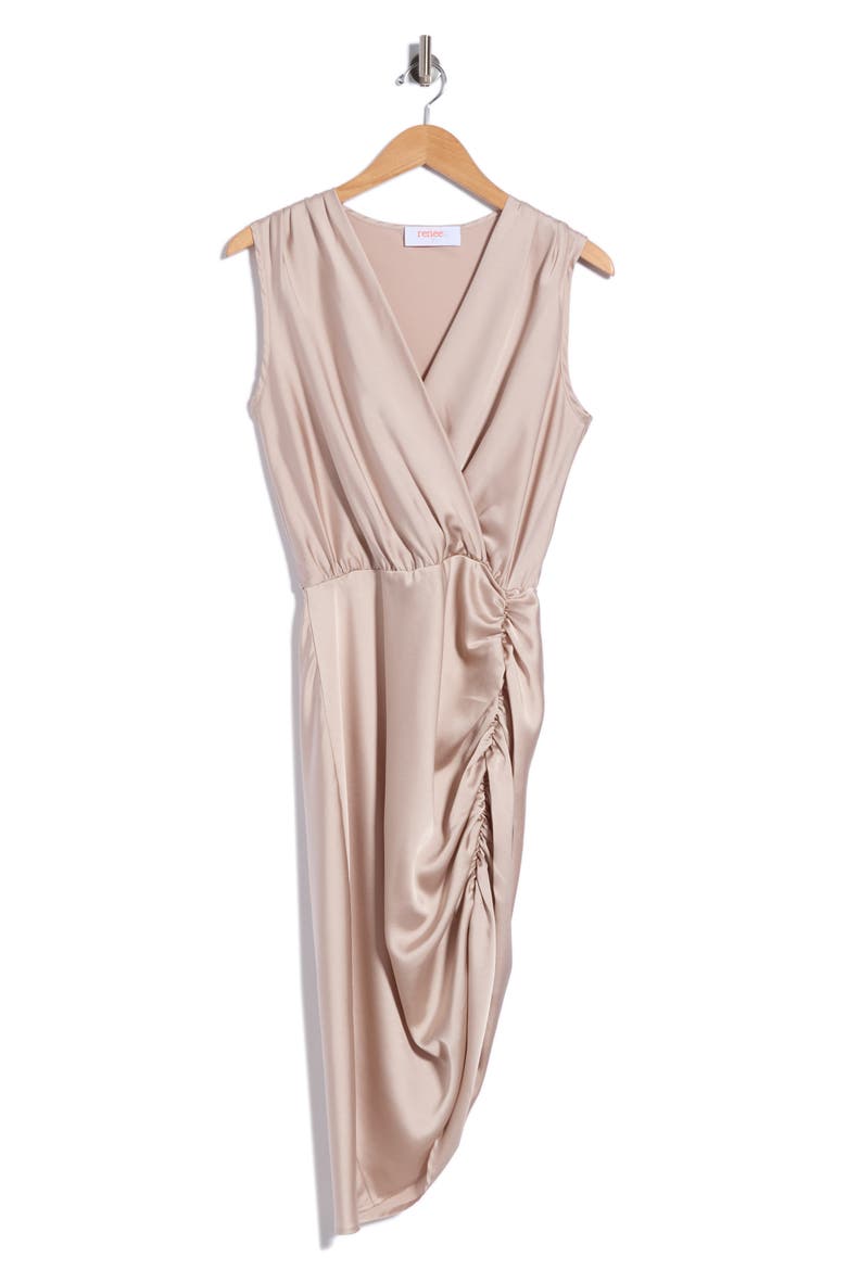 Sleeveless Satin Asymmetric Midi Dress, Alternate, color, BEIGE