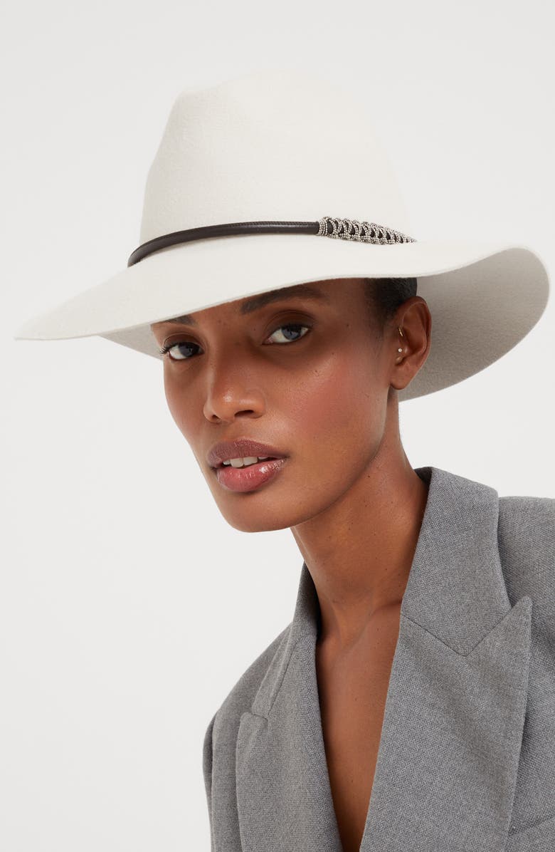 Brunello Cucinelli Felt fedora with leather and monili band, Alternate, color, 