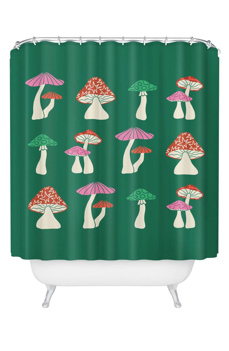 Deny Designs Festive Mushrooms Shower Curtain, Main, color, Green