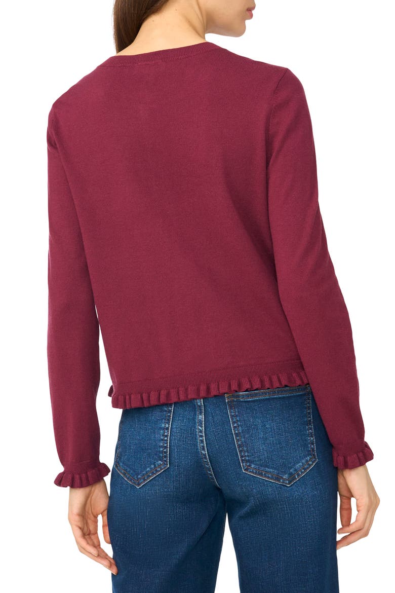 Ruffle Trim Cardigan, Alternate, color, CRISP MERLOT