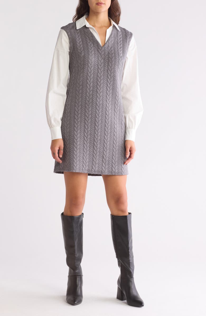 Eliza J Long Sleeve Twofer Shirtdress, Main, color, Grey