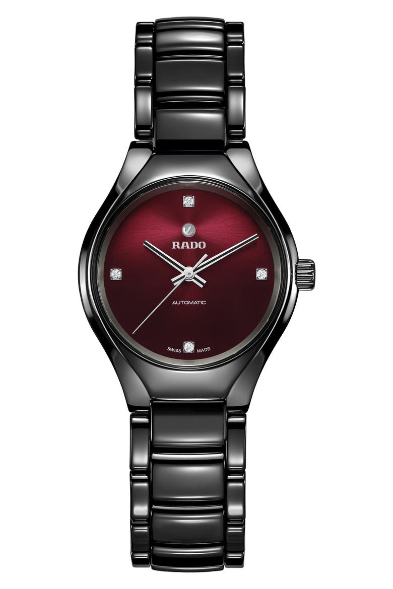 True Automatic Diamond Ceramic Bracelet Watch, 30mm, Main, color, RED