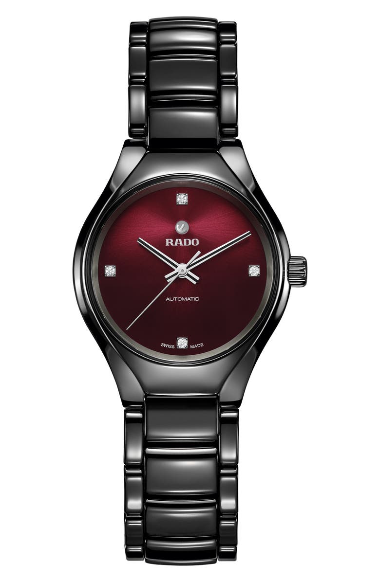 RADO True Automatic Diamond Ceramic Bracelet Watch, 30mm, Main, color, Red
