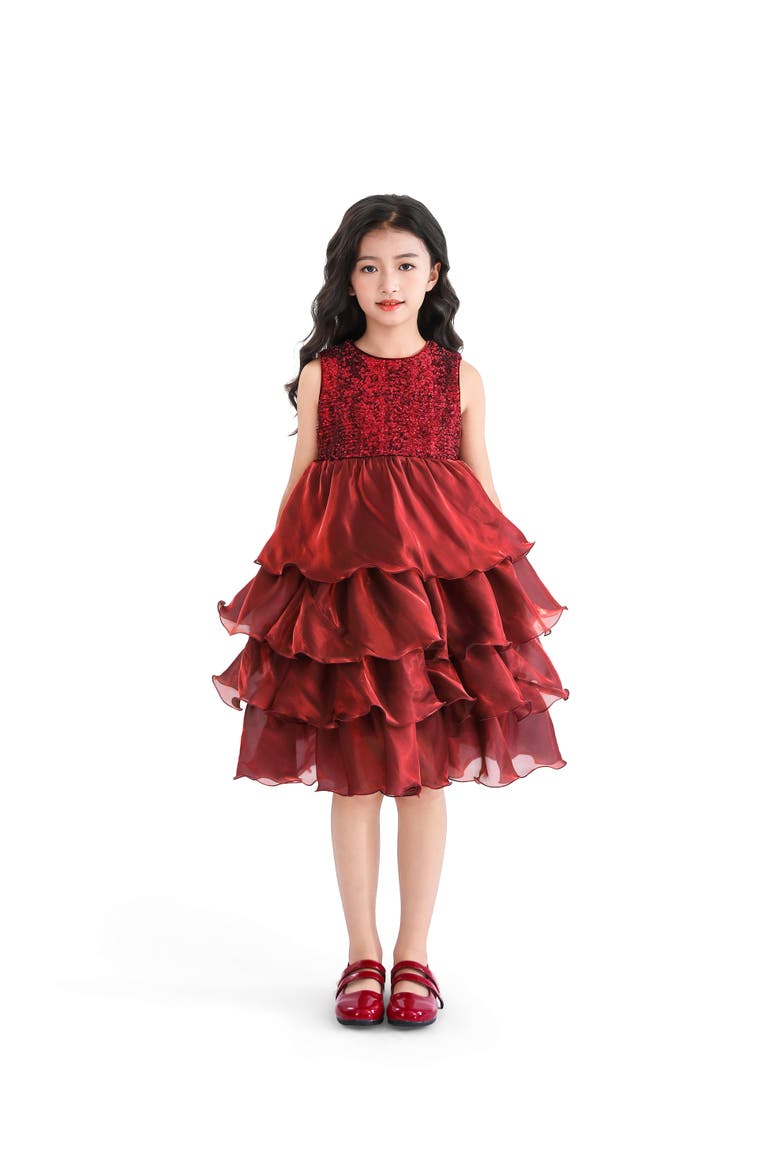 Sequin & Tiered Organza Dress, Alternate, color, Red