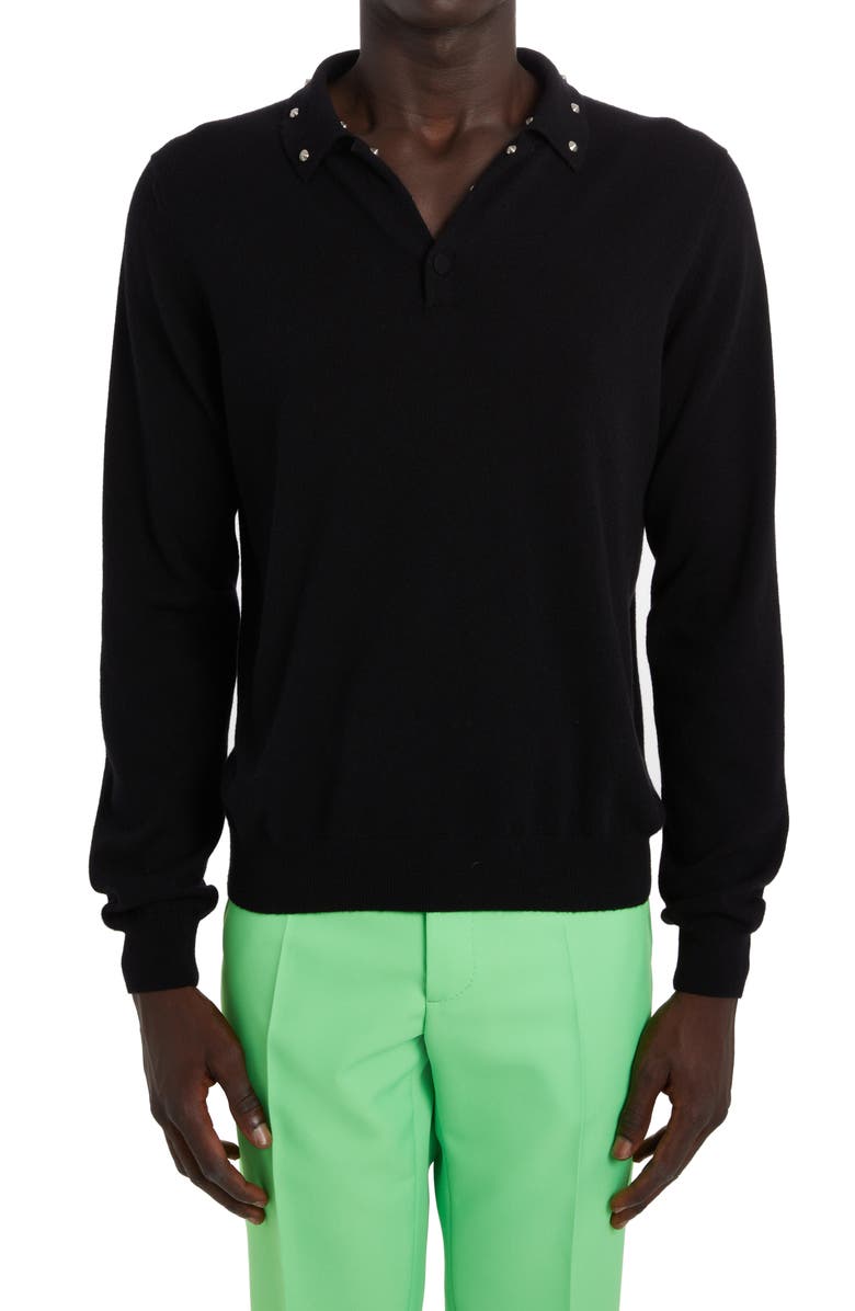 Versace Studded Virgin Wool & Cashmere Polo Sweater, Main, color,