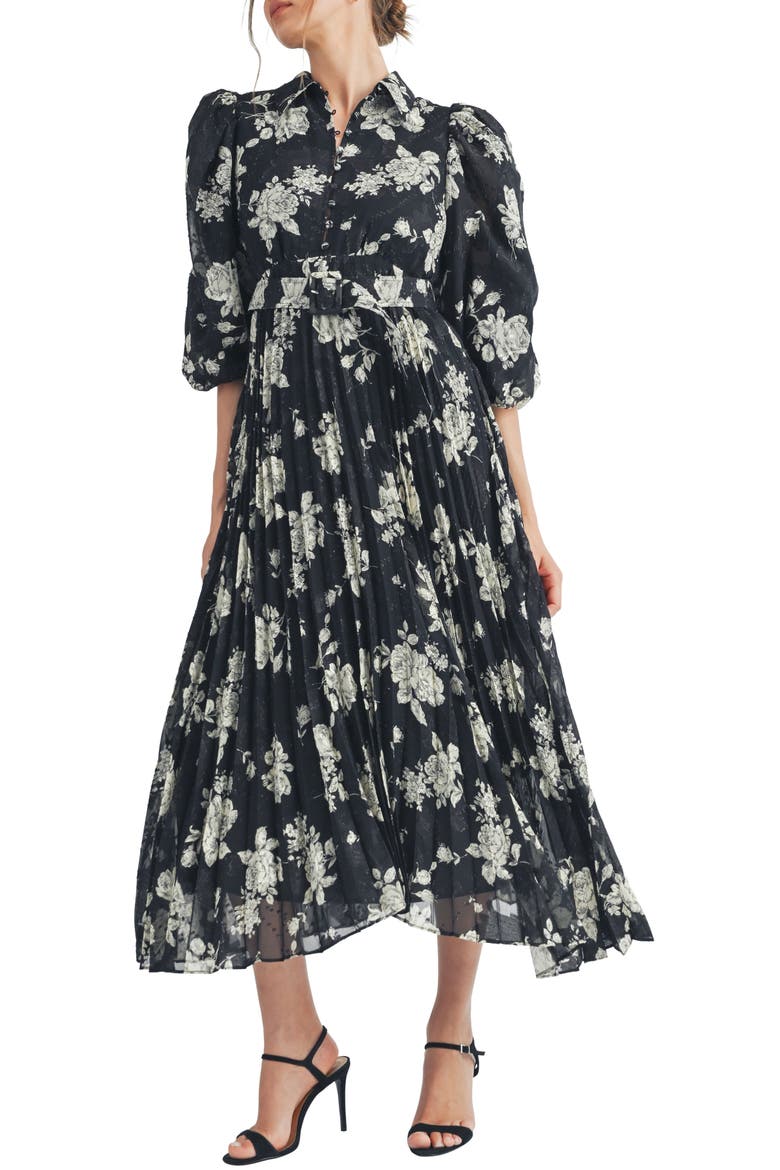 Floral Print Pleated Midi Dress, Main, color, BLACK CREAM