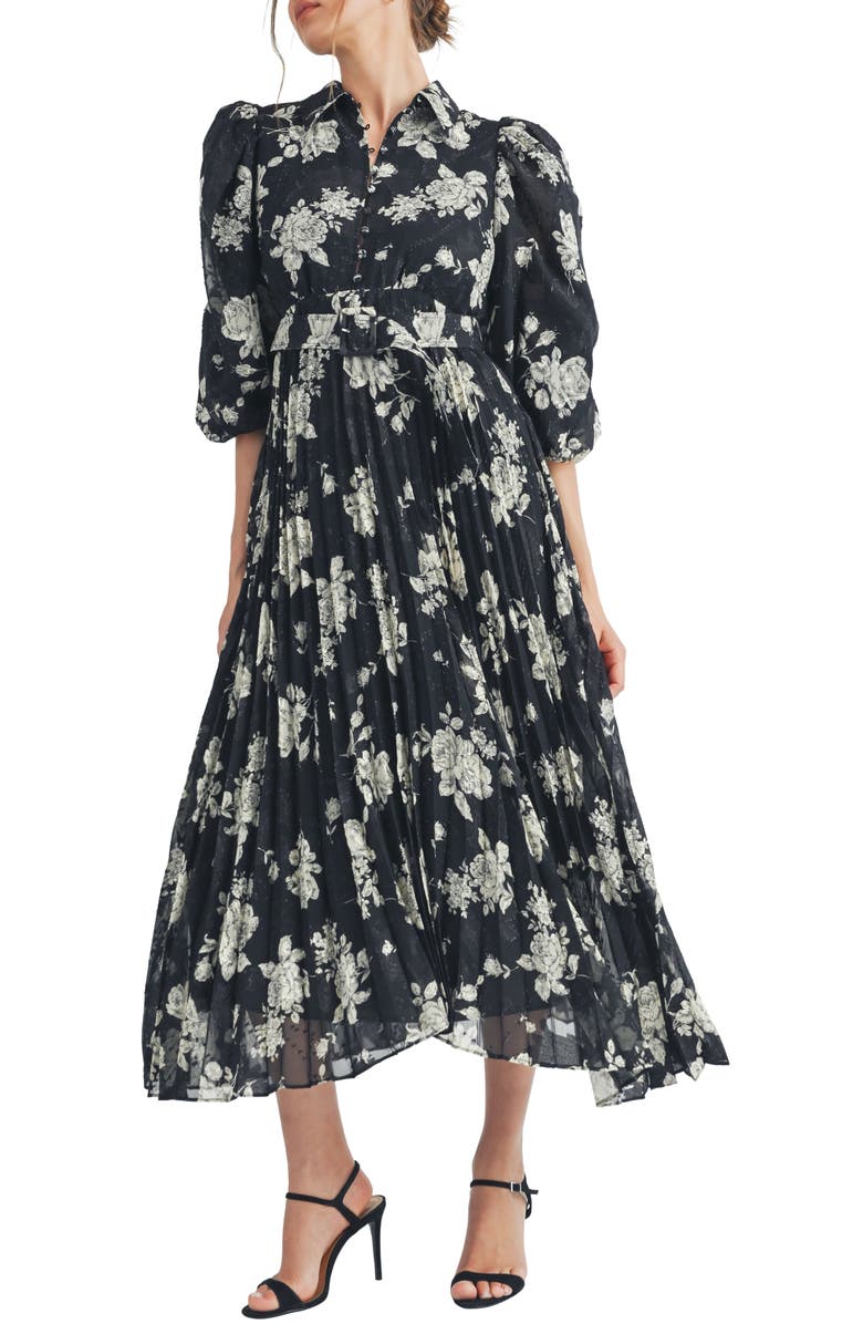 Mila Mae Floral Print Pleated Midi Dress, Main, color,