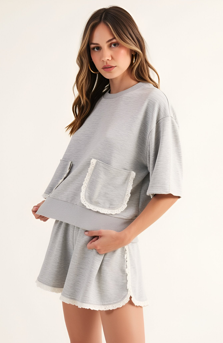 Modenaire Lace Trim French Terry Top and Shorts Lounge Set, Alternate, color,