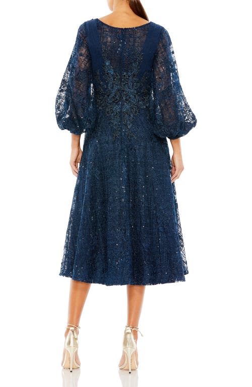 Mac Duggal Embellished Plunge Neck Bishop Sleeve Dress In Midnight