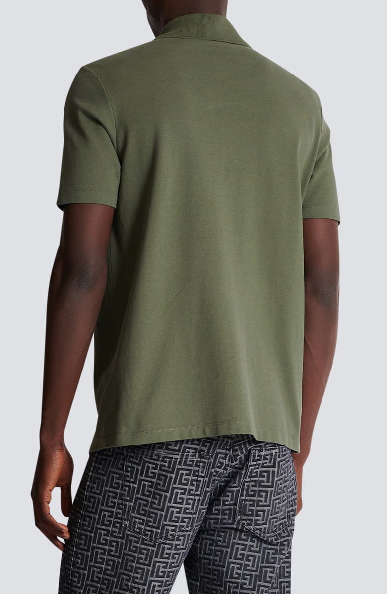 Balmain Signature Embroidered Cotton Piqué Zip Polo, Alternate, color, 