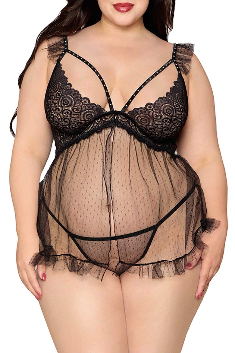 Ruffle Mesh Underwire Babydoll Chemise & G-String Set, Main, color, BLACK