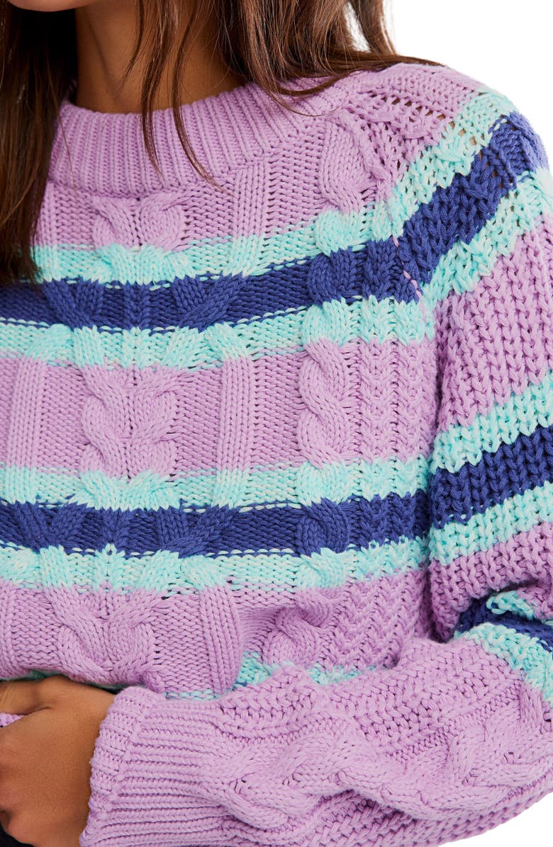 Free People Frankie Stripe Cable Stitch Cotton Sweater, Alternate, color, Lilac Combo