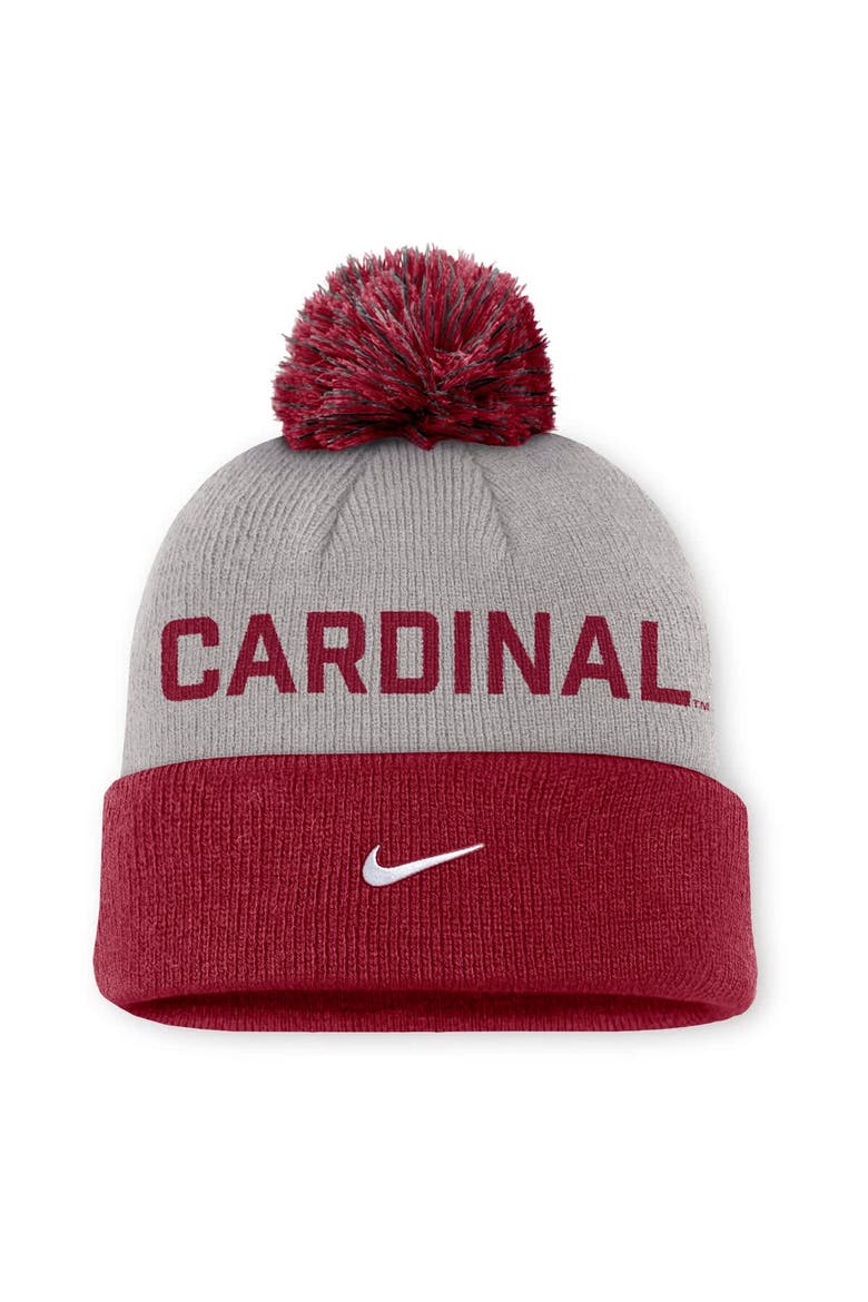 Men's Nike Gray/Cardinal Stanford Cardinal Primetime Peak Cuffed Knit Hat with Pom, Alternate, color, Gray