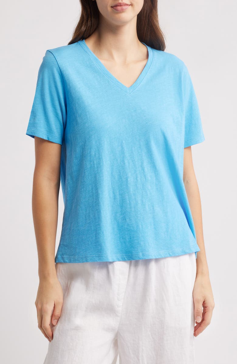 Eileen Fisher Easy V-Neck Organic Cotton T-Shirt, Main, color, Azure