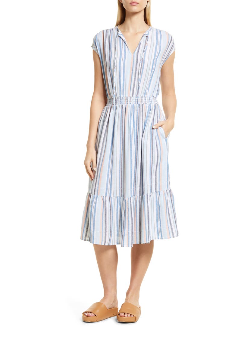 Stripe Tiered Linen Blend Midi Dress, Main, color, BLUE FALLS- WHITE STRIPE