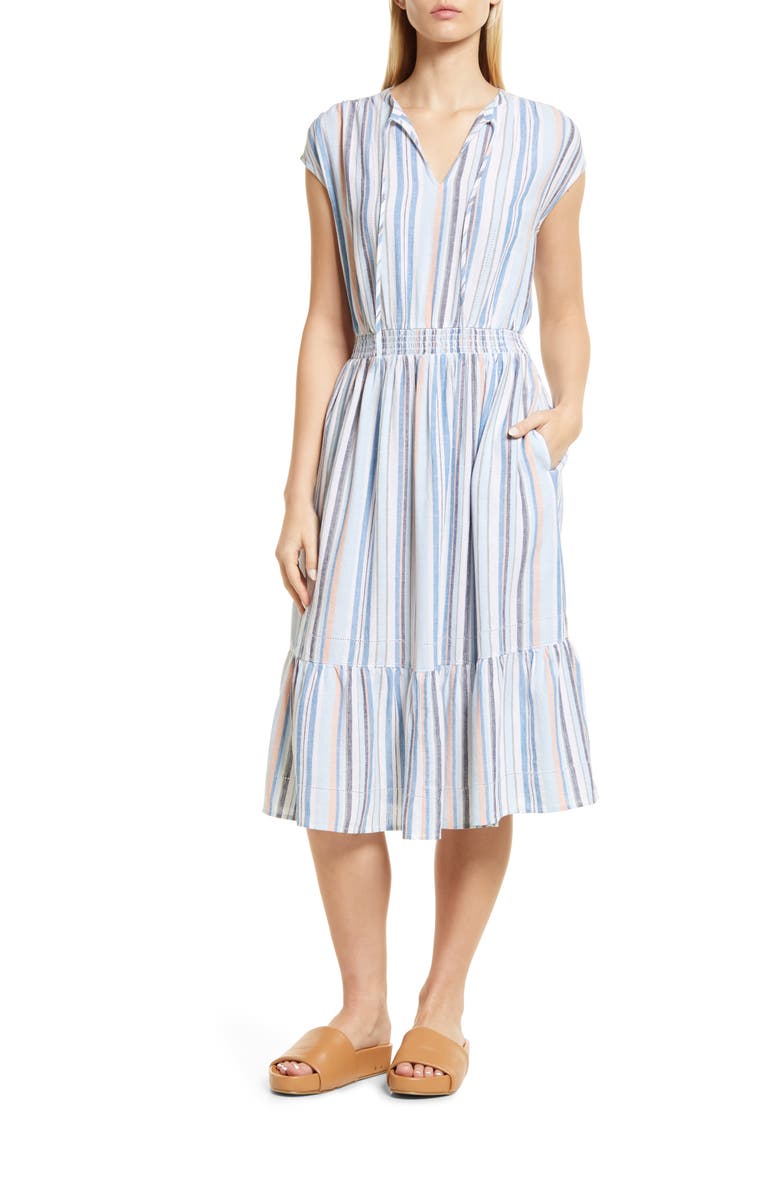 Caslon<sup>®</sup> Stripe Tiered Linen Blend Midi Dress, Main, color,