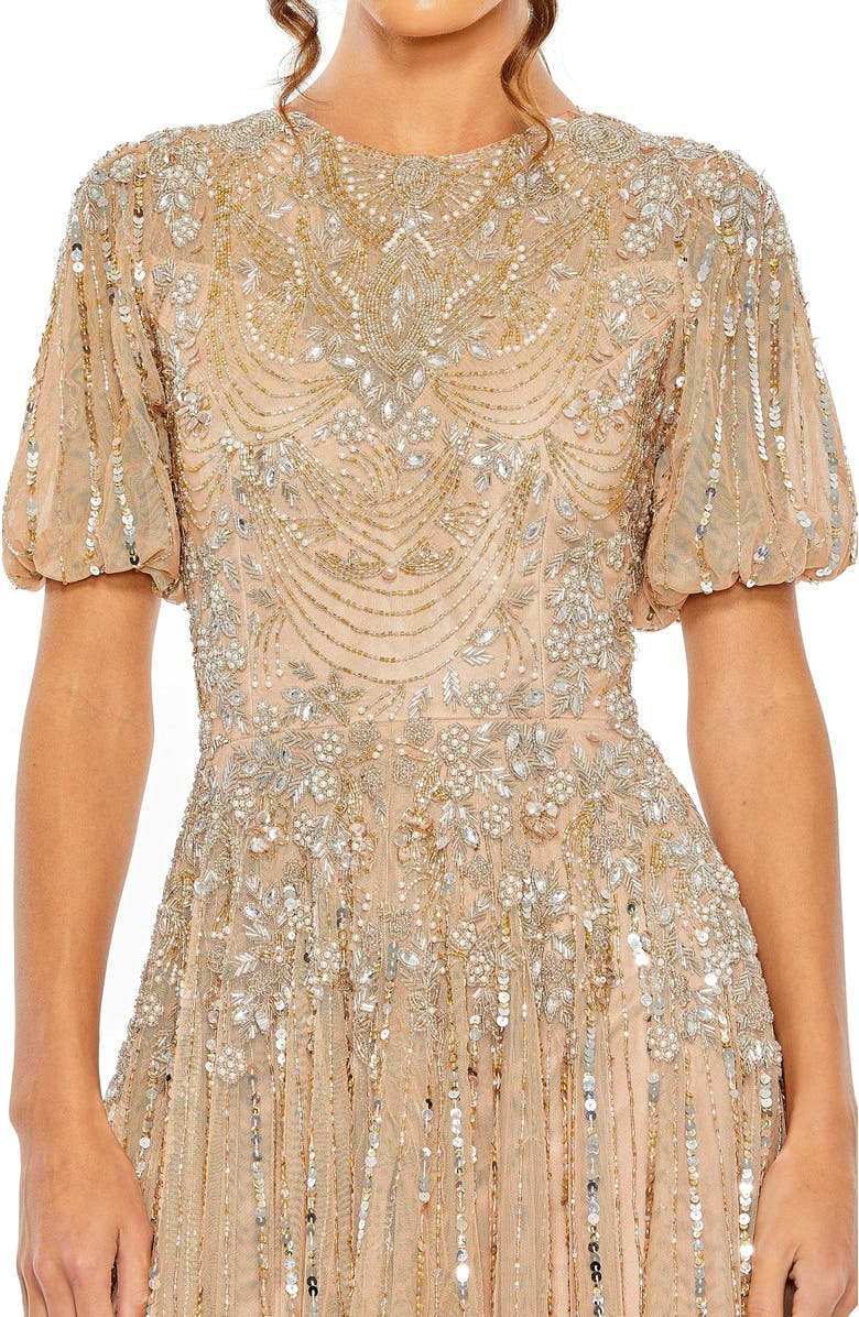 Mac Duggal High Neck Puff Sleeve Embellished A Line Gown, Alternate, color, Taupe