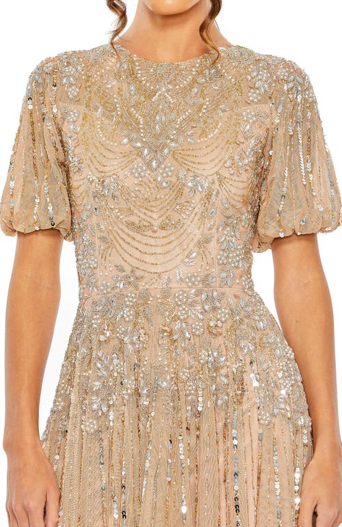 Mac Duggal Embellished Puff Sleeve A-line Gown In Taupe