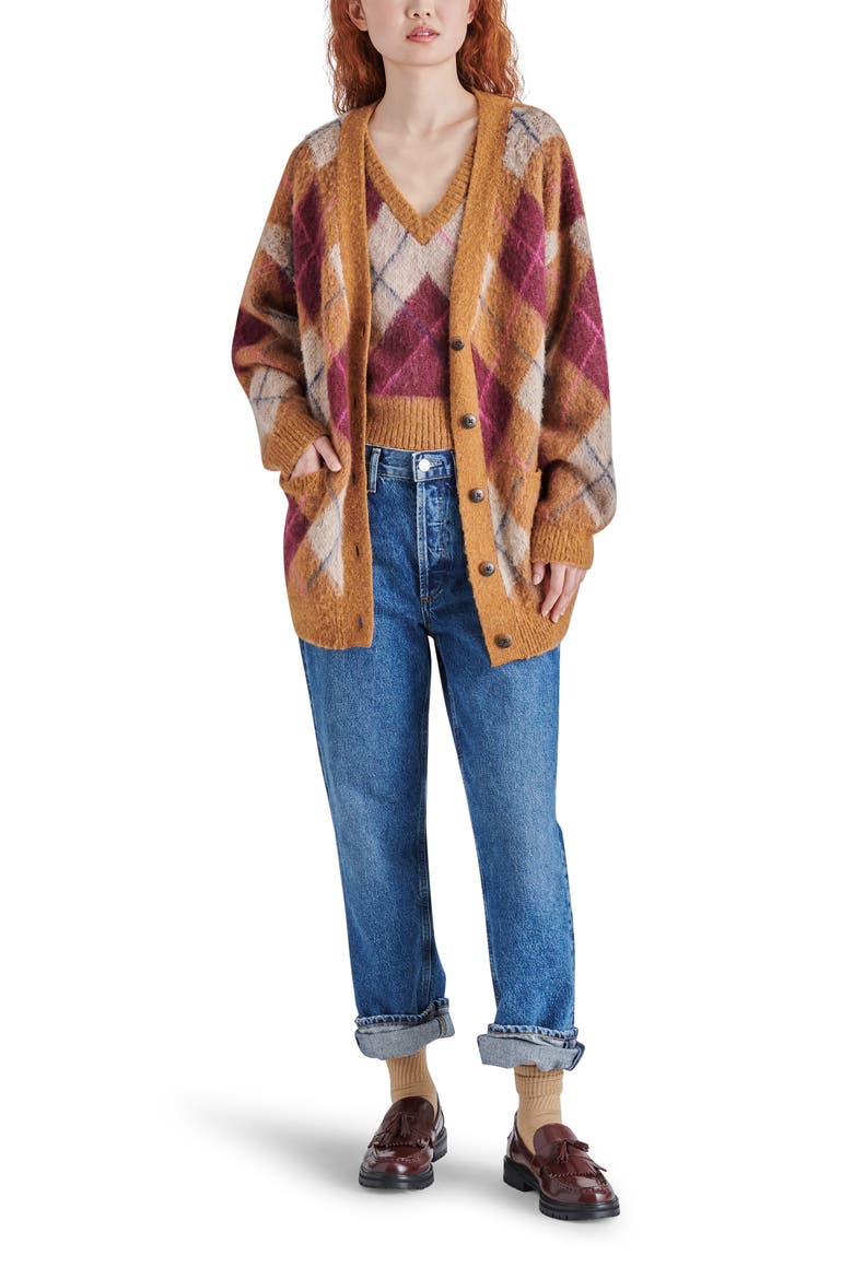 Lexie Oversize Argyle Brushed Cardigan, Alternate, color, TAN