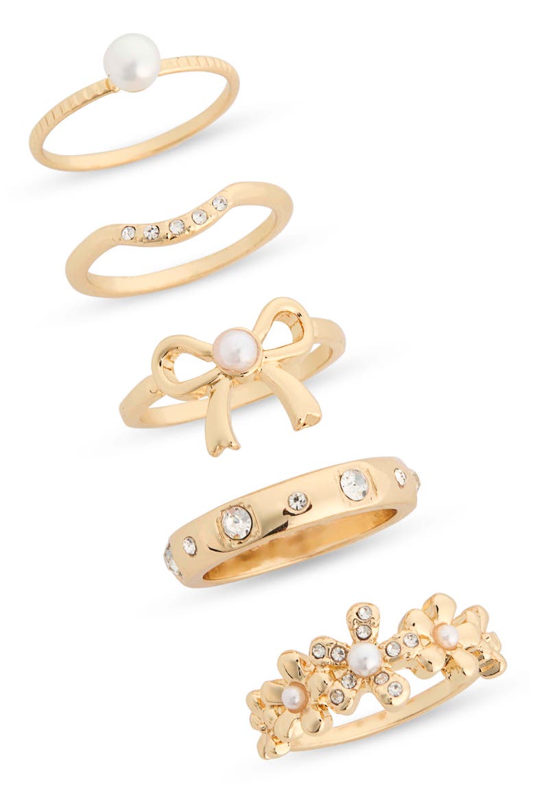 Set of 5 Faux Pearl Stackable Rings, Main, color, GOLD
