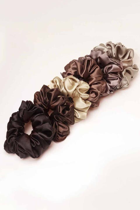 Neutral Silk Satin Scrunchies - Set of 6