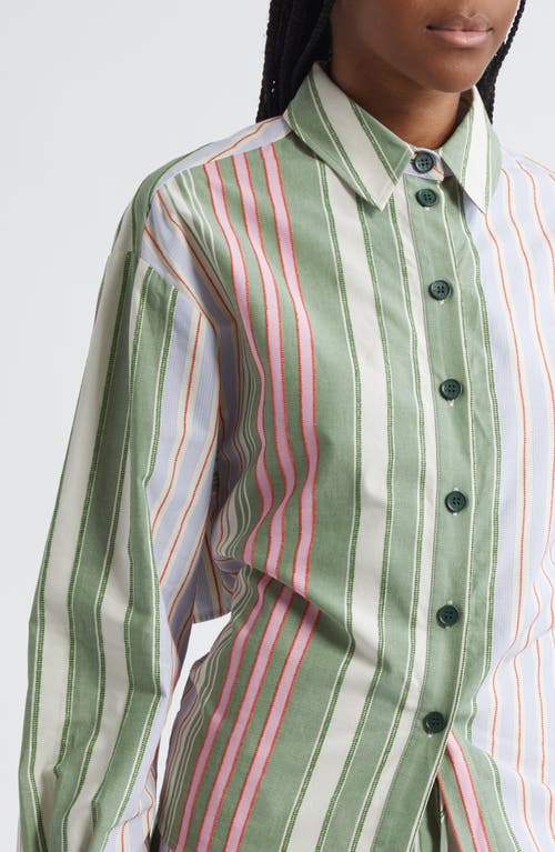 Stine Goya Mixed Stripe Tie Back Organic Cotton Button-up Shirt In Green
