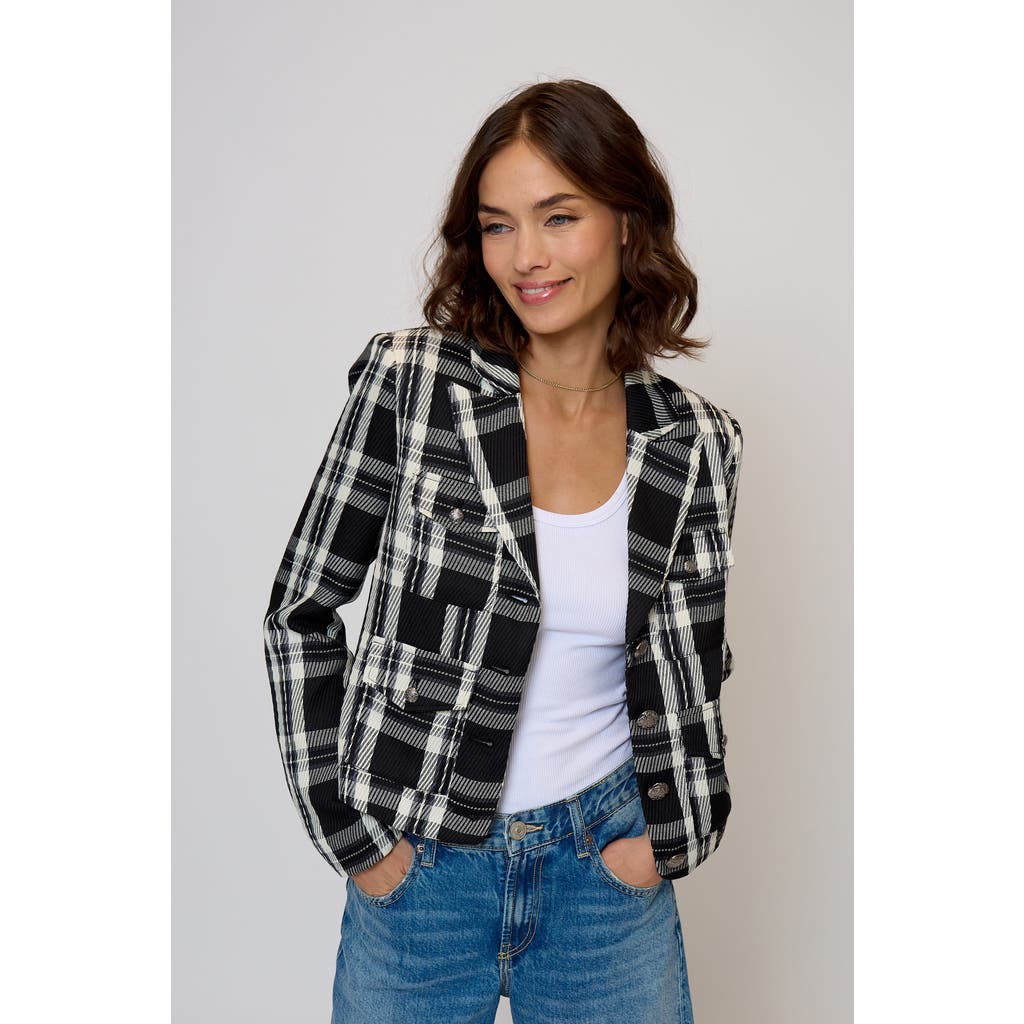 Central Park West Olive Cropped Plaid Jacket In Black