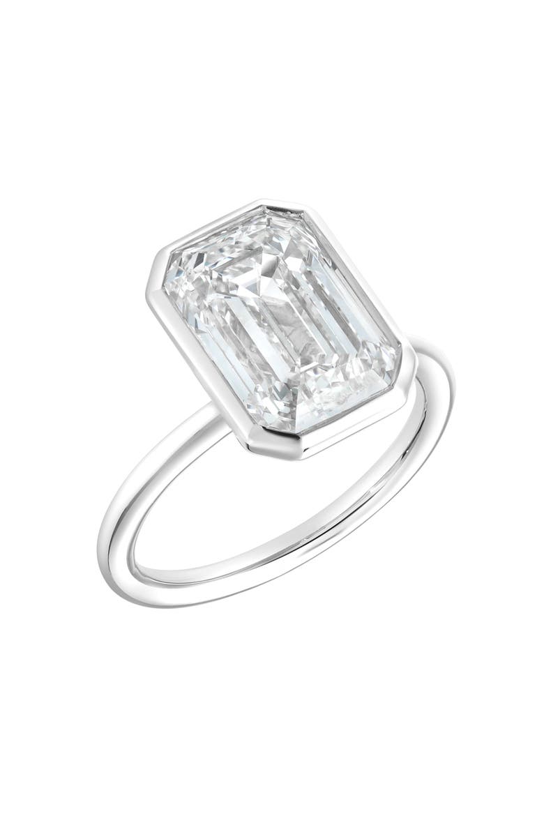 Meira 14K Gold Emerald Cut Lab Grown Diamond Bezel Solitaire Engagement Ring - 4 cts, Main, color, 14K White Gold