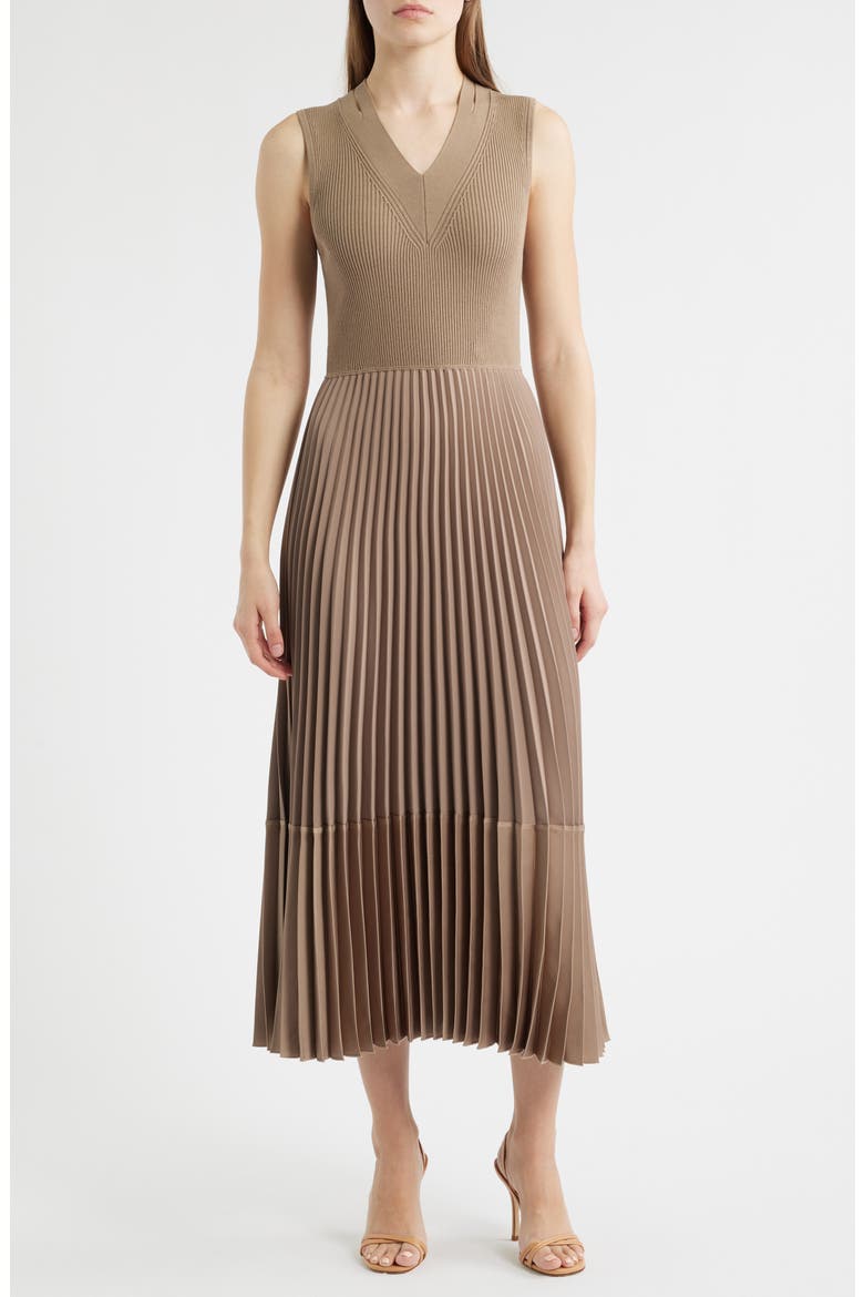 Fararan Pleated Mixed Media Maxi Dress, Main, color, OPEN BRN