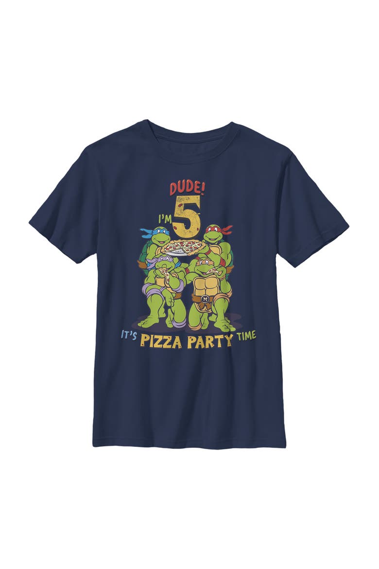 Boy's Teenage Mutant Ninja Turtles 5th Birthday Pizza Party  Graphic T-Shirt, Main, color, Navy Blue