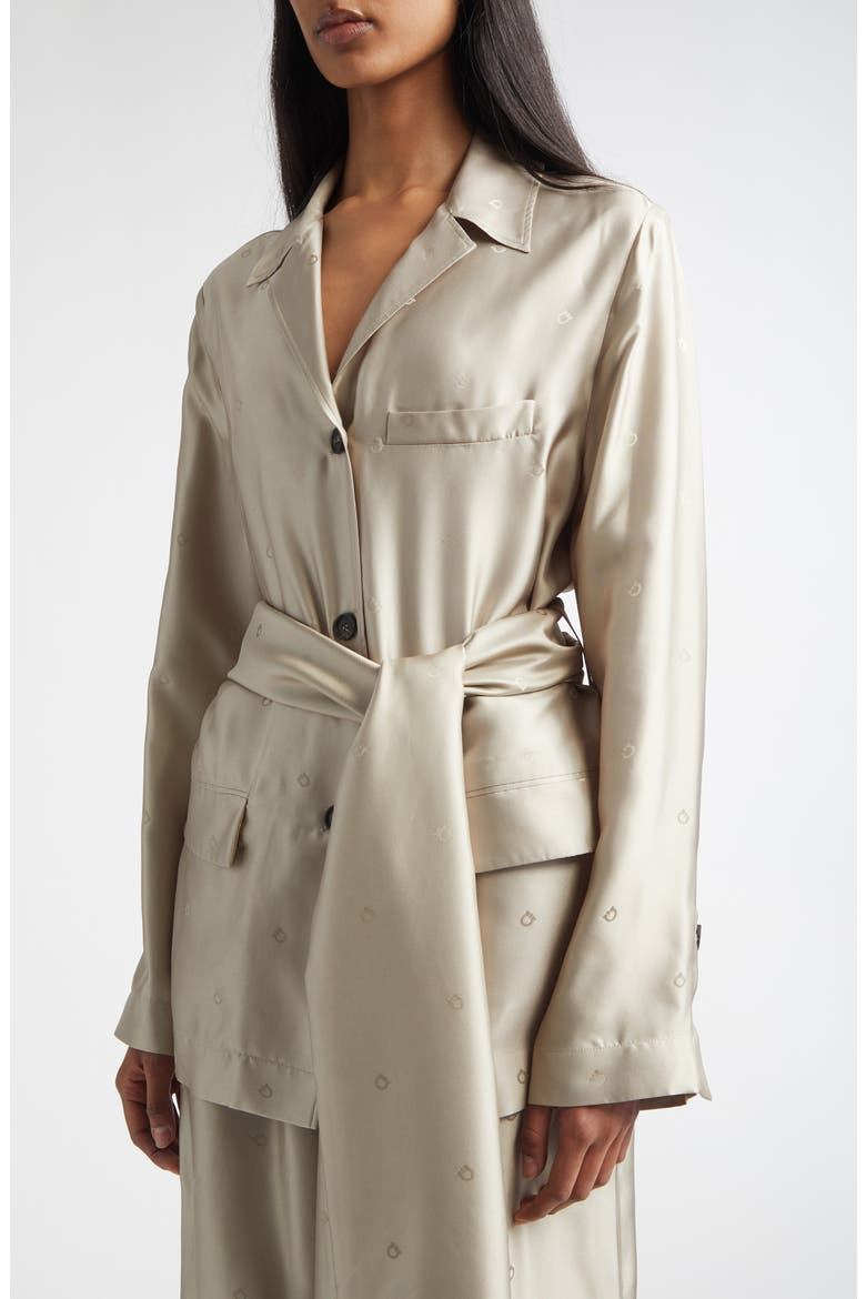 Gancini Jacquard Silk Jacket with Fringe Sash, Alternate, color, SAFARI