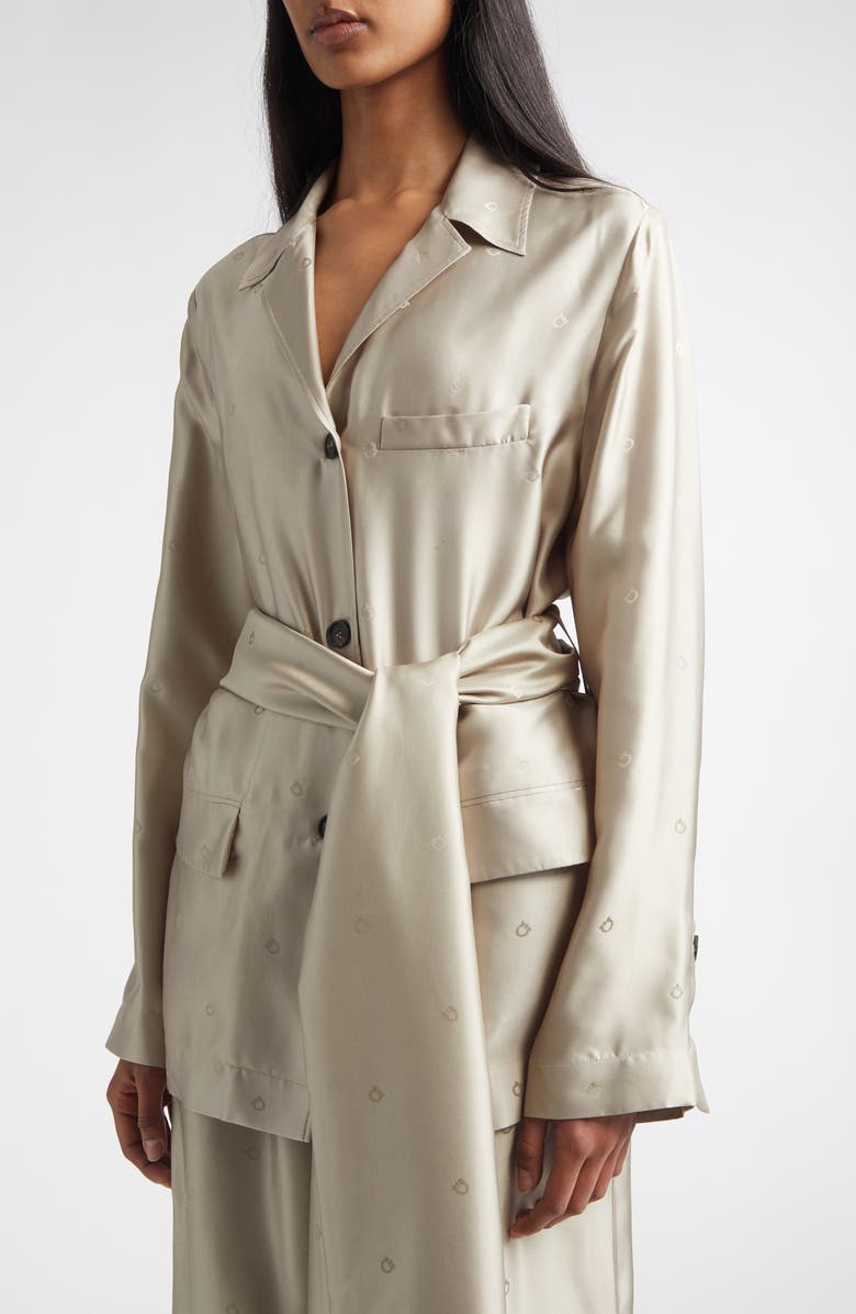 FERRAGAMO Gancini Jacquard Silk Jacket with Fringe Sash, Alternate, color, Safari