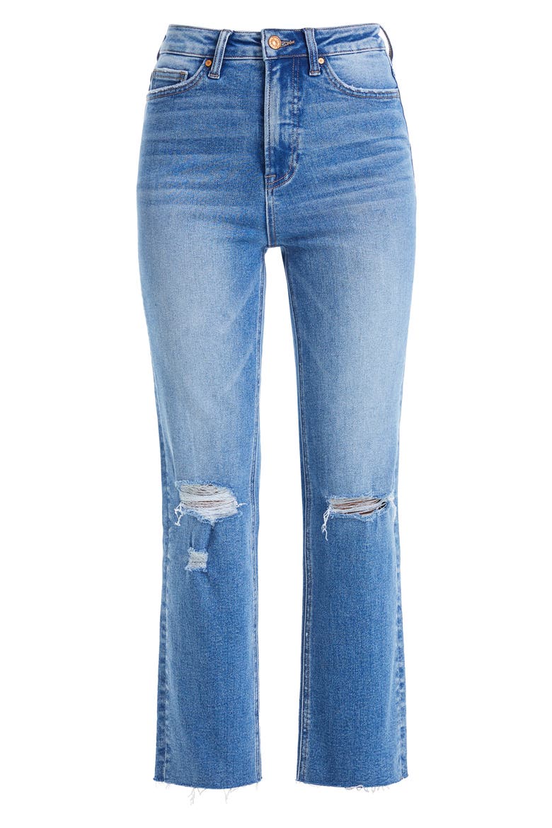 High Waist Raw Hem Ripped Straight Leg Jeans, Alternate, color, SURF BLUE