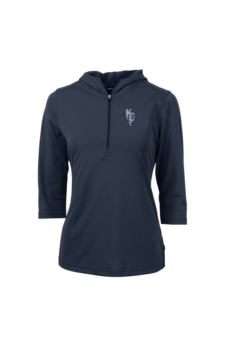 Women's Cutter & Buck  Navy Kansas City Royals City Connect DryTec Virtue Eco Pique Recycled 3/4-Sleeve Half-Zip Pullover Hoodie, Alternate, color, Navy