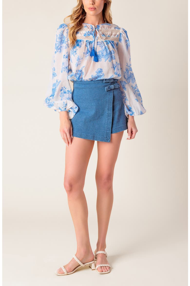 Lace Trim Split Neck Top, Alternate, color, IVORY BLUE
