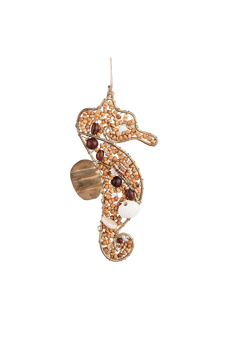 Natural Brown Beaded Iron and Wood Coastal Beach Seahorse Christmas Xmas Ornament, Main, color, Beige