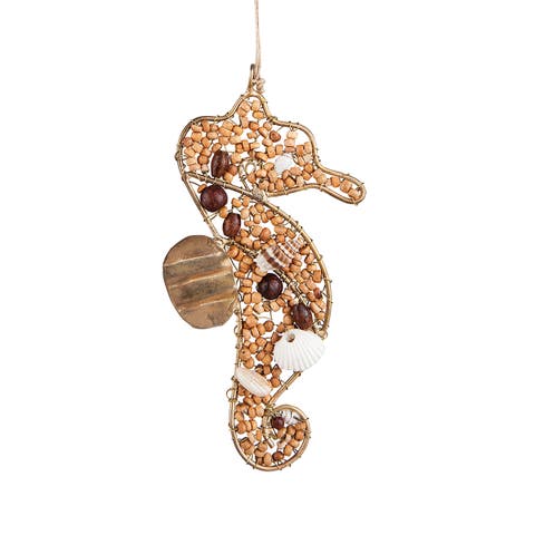 Natural Brown Beaded Iron and Wood Coastal Beach Seahorse Christmas Xmas Ornament