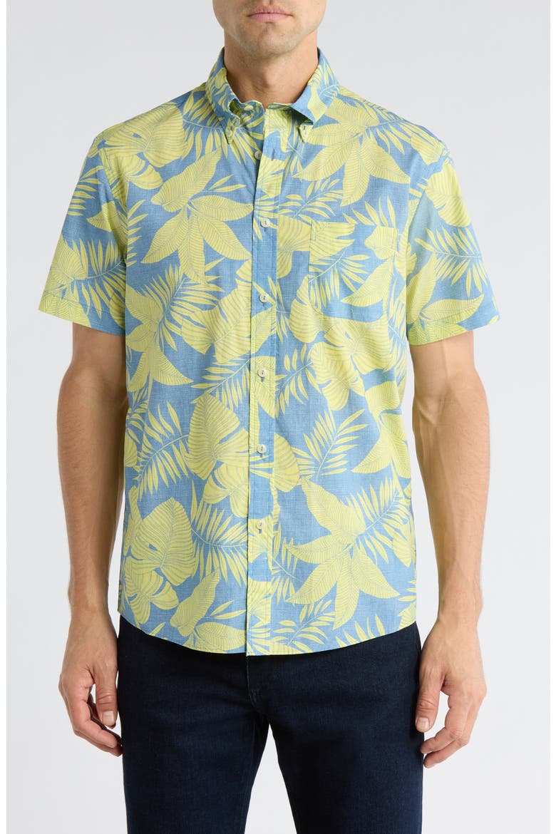 Regular Fit Leaf Print Short Sleeve Cotton Button-Down Shirt, Main, color, BLUE YELLOW