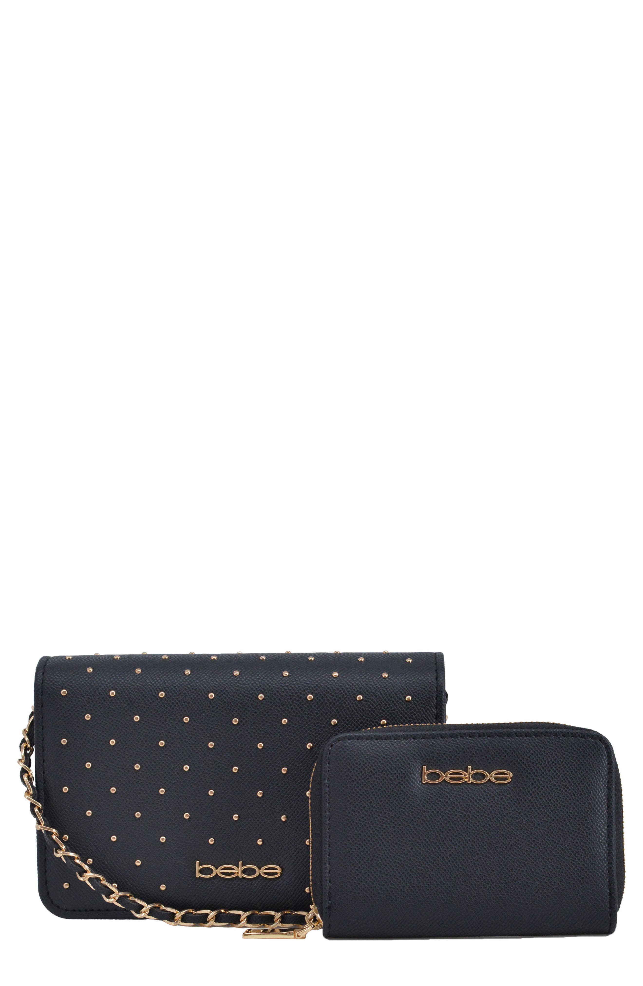 bebe Sagan Stud Crossbody and Zip Wallet, Main, color, Black