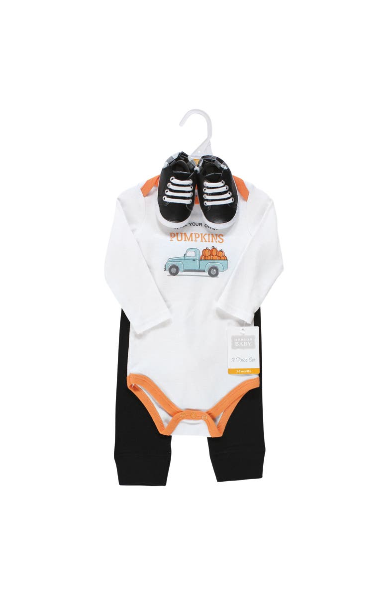 Hudson Baby Three-Piece Long-Sleeve Bodysuit Outfit with Pants and Footwear, Alternate, color, Pumpkin Truck