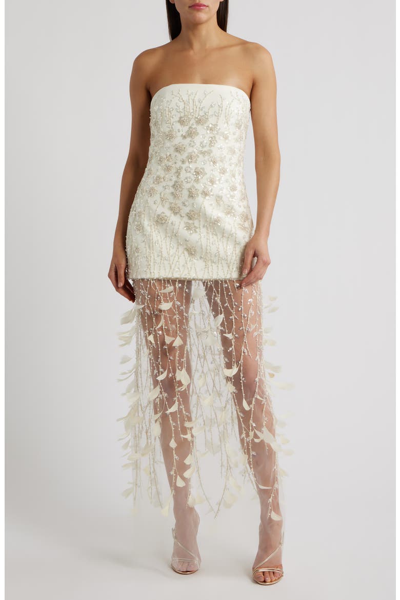 Salma Bead & Feather Strapless Gown, Main, color, CREAM