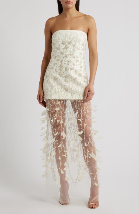 Salma Bead & Feather Strapless Gown