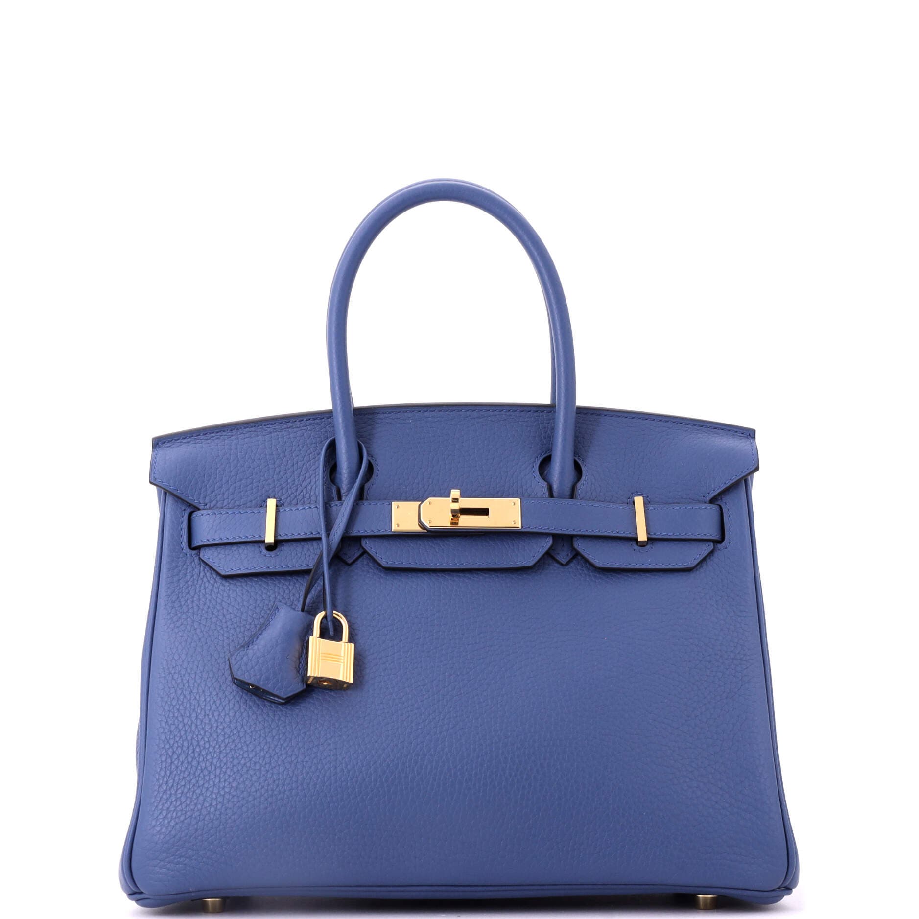 Pre-Owned Hermes Birkin Handbag Blue Clemence with Gold Hardware 30, Main, color, Bleu Agate